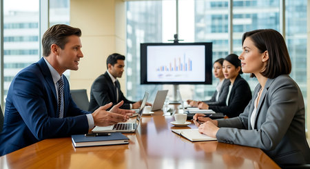 Business people in a meeting at office. Business people in a meeting at office. Businessmen and businesswomen in a meeting.の素材