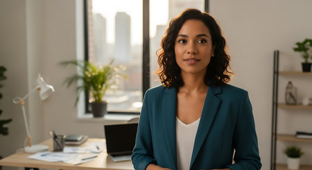 Portrait of confident african american businesswoman looking at camera in officeの素材
