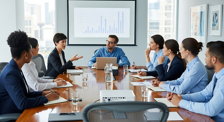 Business meeting in modern office. Group of multiethnic businesspeople working together in boardroom.の素材