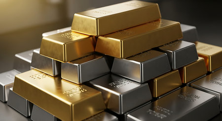 Stack of gold bars. Finance and banking concept. 3D Renderingの素材