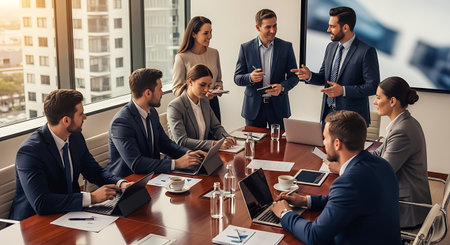Group of business people in smart casual wear working and communicating in office.の素材