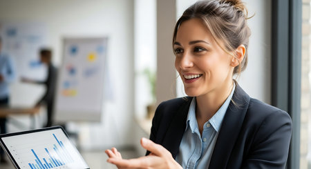 Portrait of smiling businesswoman using tablet computer while standing in officeの素材