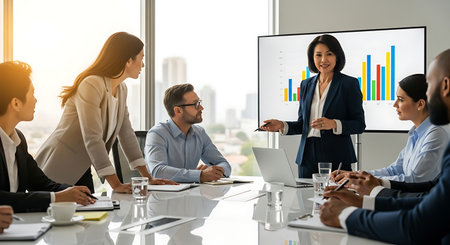 Business people meeting in modern office. Group of business people discussing the charts and graphs showing results of their successful teamwork.の素材