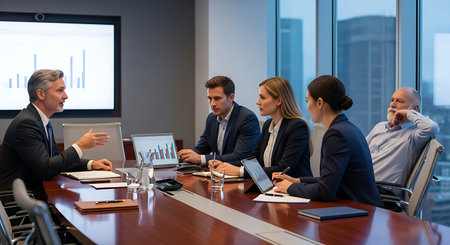 Business people sitting at a table in an office and having a meetingの素材
