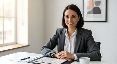 Smiling businesswoman sitting at desk in office, looking at cameraの素材