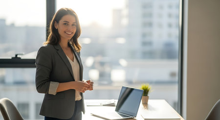 Portrait of smiling businesswoman standing in office and looking at cameraの素材