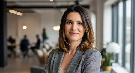 Portrait of smiling young businesswoman looking at camera in modern officeの素材