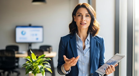 Portrait of young businesswoman using digital tablet while standing in officeの素材