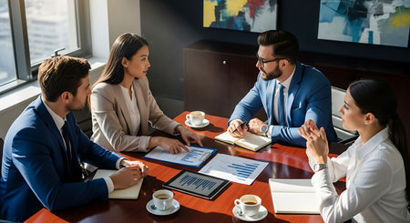 Group of business people having a meeting in a modern office. Business people discussing the charts and graphs showing results of their successful teamwork.の素材