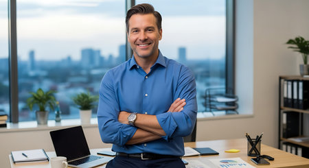 Portrait of smiling businessman with arms crossed looking at camera in officeの素材