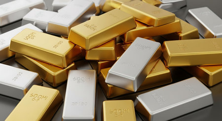 3D illustration of gold bars over a pile of silver ingotsの素材