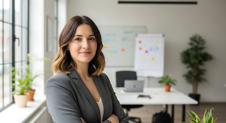 Portrait of smiling businesswoman looking at camera in office, copy spaceの素材