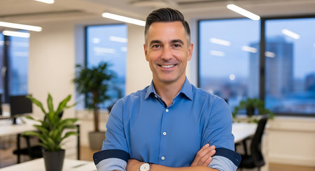Portrait of smiling businessman standing with arms crossed in modern office.の素材