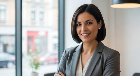 portrait of smiling businesswoman looking at camera while standing in officeの素材