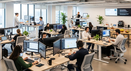 Group of business people working in modern bright office with computers and communicatingの素材