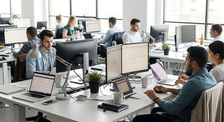 Business people working in modern office. Group of business people in smart casual wear working in creative office.の素材