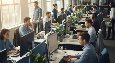 Young people working in modern open space office. Group of business people using computers.の素材