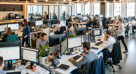 high angle view of business people using computers in modern open space officeの素材