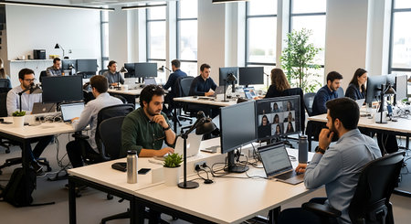 Group of young business people in smart casual wear working and communicating in modern office.の素材