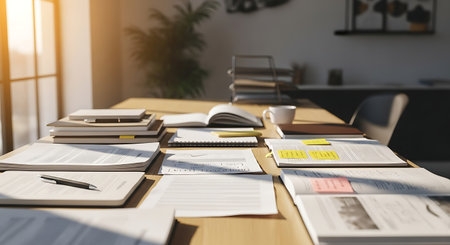 Close up of open books on wooden desk in modern office. Mock up, 3D Renderingの素材