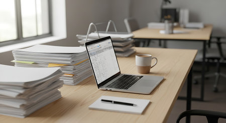 Workplace with laptop and papers on table in office, closeupの素材