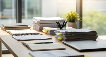 Office desk with stack of paper on table, Stack of business paper.の素材