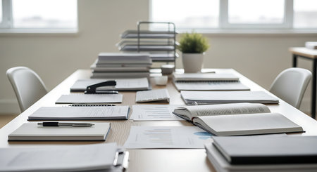 Close up of a desk in a modern office with books and laptopの素材