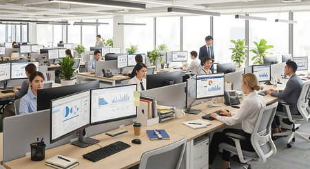 Business people working in a modern open plan office with computers and paperworkの素材