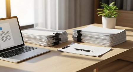 Laptop and stack of papers on table in office, closeupの素材