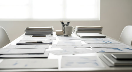 Office table with documents and coffee cup. Close up. Selective focus.の素材