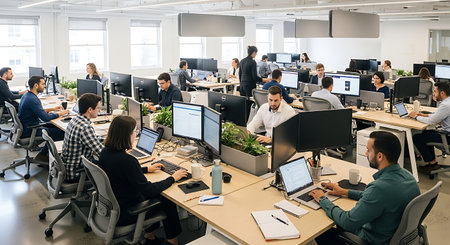 Group of business people working in a modern open plan office and using computers.の素材