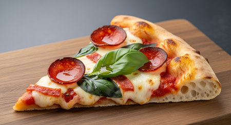 Pizza with salami, mozzarella and basil on wooden boardの素材