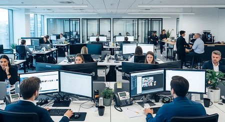 Group of business people working in modern office. They are using computers and talking. Front viewの素材