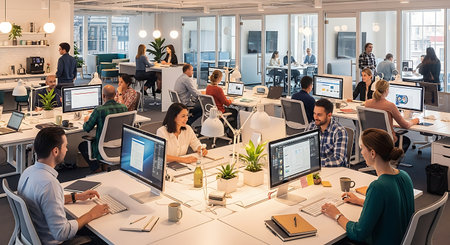 Group of business people working together in modern open plan office. Teamwork conceptの素材