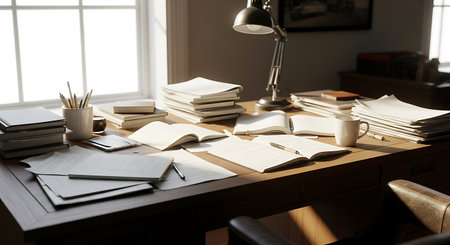Working table with books and stationery in office, close-upの素材