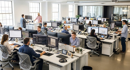 Business people working on computers in a modern open plan office. This is a 3D render illustrationの素材