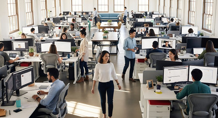 Group of business people working together in a modern open plan office.の素材
