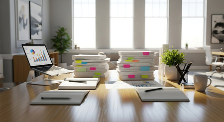workplace with stack of papers on table in modern office 3d renderingの素材
