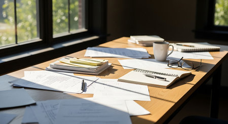 Close-up of notepads and papers on table in officeの素材