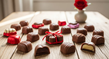 Chocolates on a wooden table with a red rose in a vaseの素材