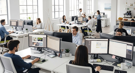 Business people working at computers in modern office. Businessmen and businesswomen working together in team.の素材