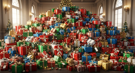 Big Christmas tree with lots of colorful gifts. 3D rendering.の素材
