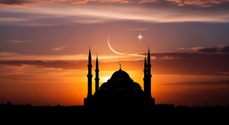 Silhouette of mosque and crescent moon at sunset background.の素材