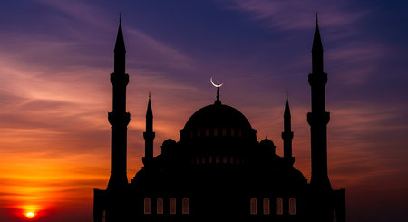 Silhouette of mosque at sunset. Ramadan Kareem background.の素材