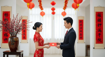 Asian young couple in chinese traditional dress holding red envelopes in the officeの素材