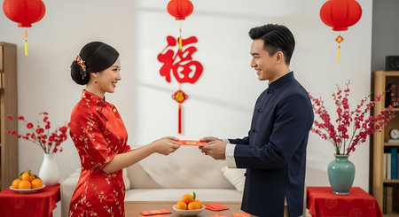 Chinese couple celebrating chinese new year with red envelopes and flowersの素材