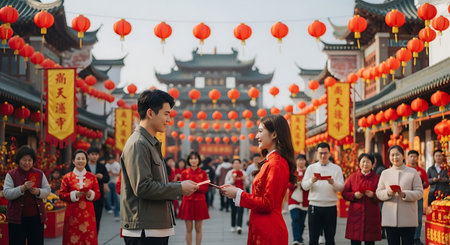 Couple in chinese traditional costume holding red envelopes in the streetの素材