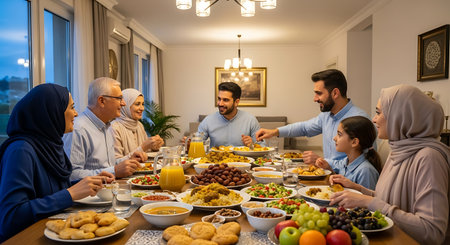 Group of multi ethnic muslim family having dinner together at home during Eid Mubarakの素材