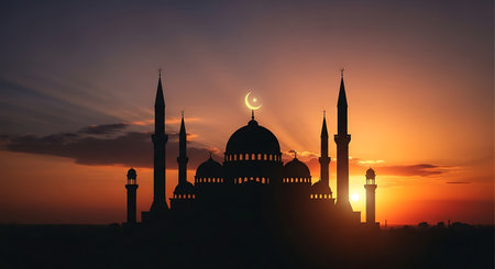 Silhouette of mosque at sunset. Ramadan Kareem background.の素材