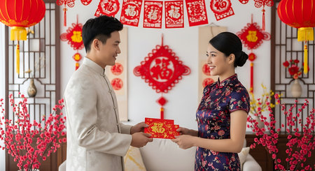 Asian young couple holding red envelopes and celebrating chinese new yearの素材